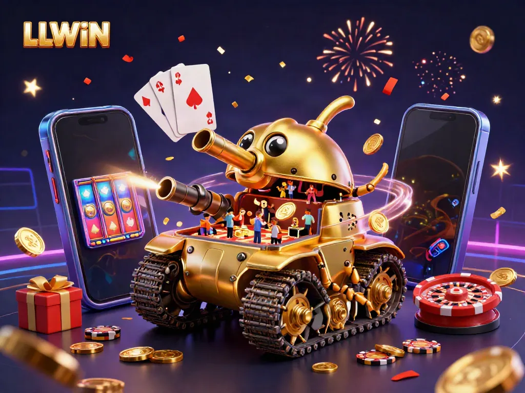 Join the excitement at LLWIN with a dynamic illustration featuring a golden beetle tank mini casino.