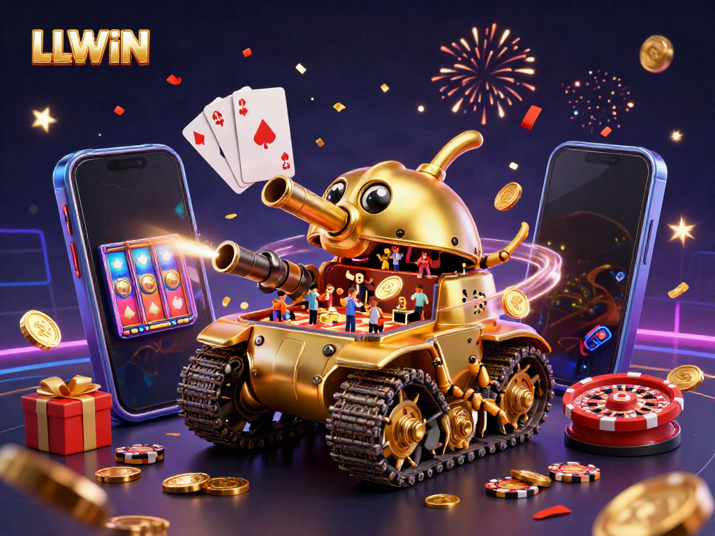 Join the excitement at LLWIN with a dynamic illustration featuring a golden beetle tank mini casino.