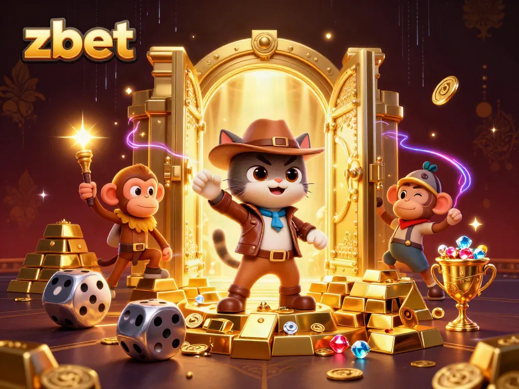 Engage with zbet as the archaeologist cat discovers a golden casino artifact in a vibrant treasure-filled scene.