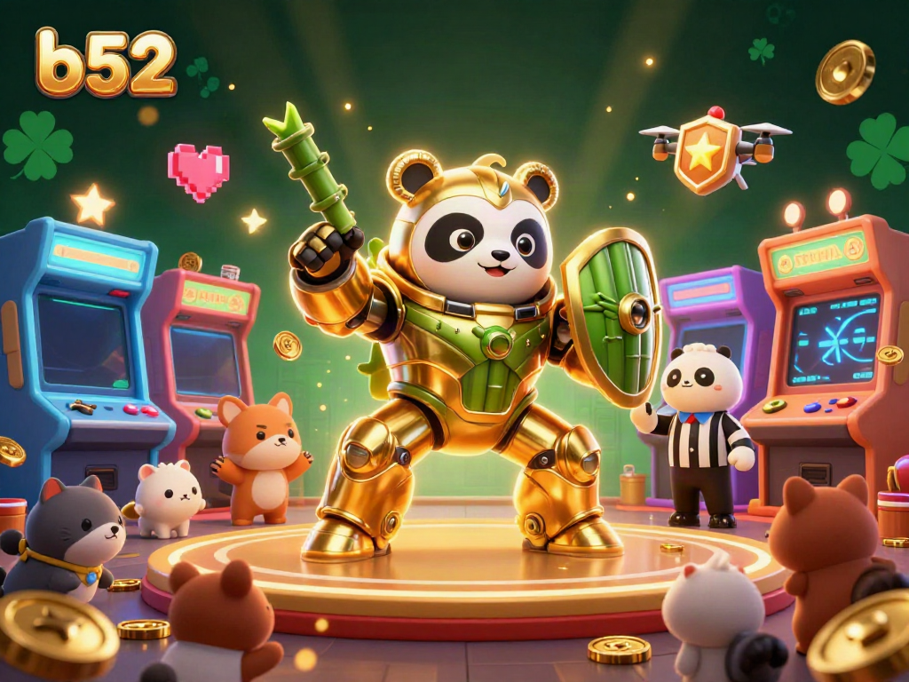 Experience thrilling gameplay as a golden panda pilots a robot in a b52 casino arena with colorful game elements.