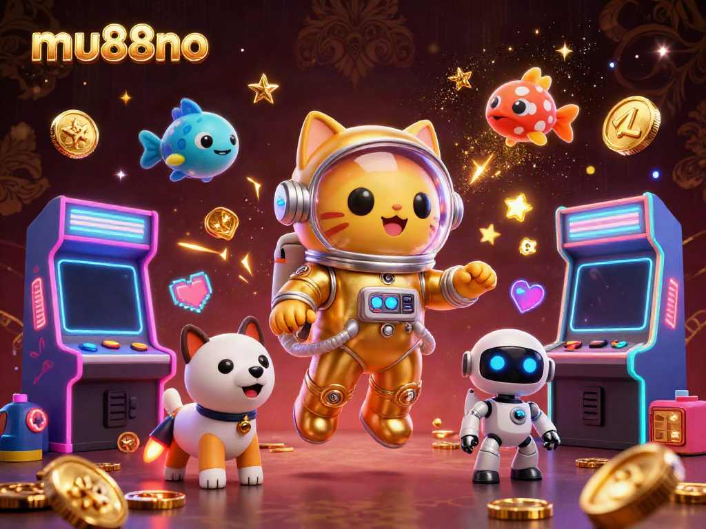 Bet and play in the vibrant world of mu88no with colorful arcade machines and alien characters.