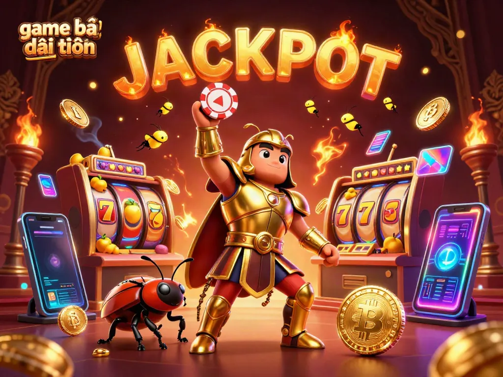 Engaging 3D illustration of game bài đổi thưởng with a heroic beetle lifting a poker chip amid vibrant slot machine and crypto elements.
