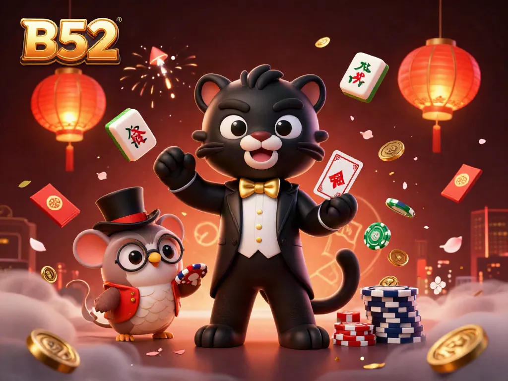 B52 casino scene featuring a stylish black panther dealer, an owl with poker chips, and a lucky mouse amidst vibrant gaming elements