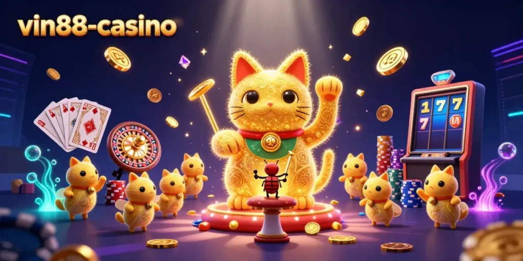 Experience the vibrant world of vin88-casino with a giant lucky cat surrounded by casino symbols and golden treasures.