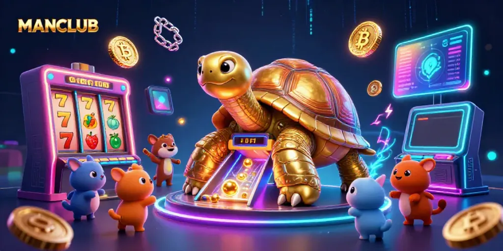 Engage with the MANCLUB casino experience featuring a colossal golden tortoise pinball machine, vibrant slot reels, and crypto elements.