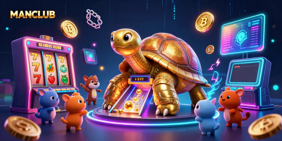 Engage with the MANCLUB casino experience featuring a colossal golden tortoise pinball machine, vibrant slot reels, and crypto elements.