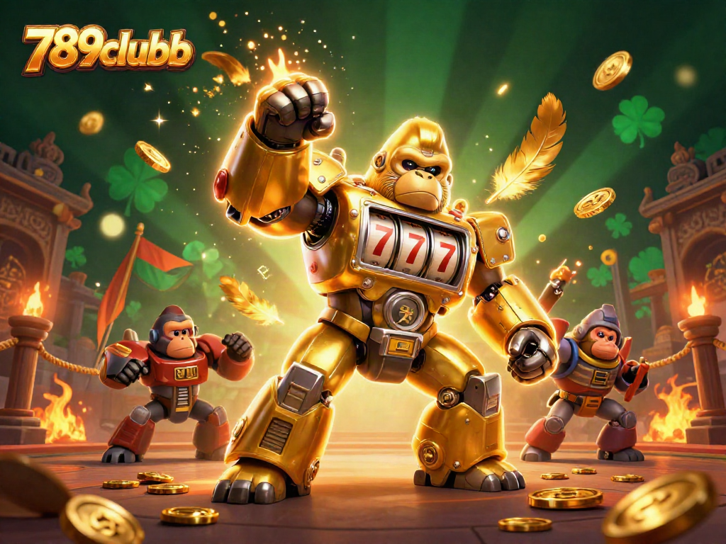 Join the action with 789clubb's golden gorilla mech in a vibrant casino scene showcasing dynamic gambling excitement.