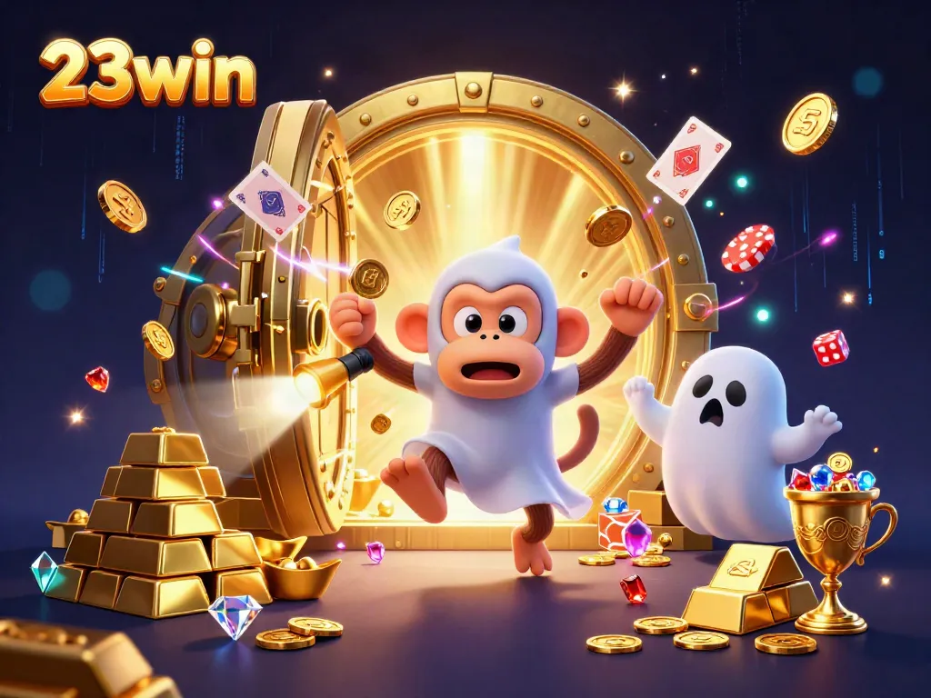 Engage in thrilling fun at 23win's haunted casino with a mischievous monkey and ghost-hunter puppy.