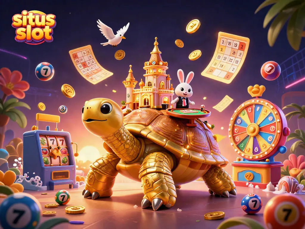 Play with situs slot in a vibrant 3D casino scene with a golden tortoise, rabbit dealer, and colorful lottery elements.