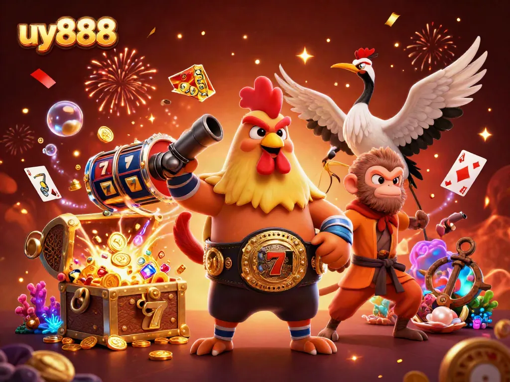 Explore the excitement of uy888 with vibrant casino elements, showcasing thrilling gaming action and dynamic characters.