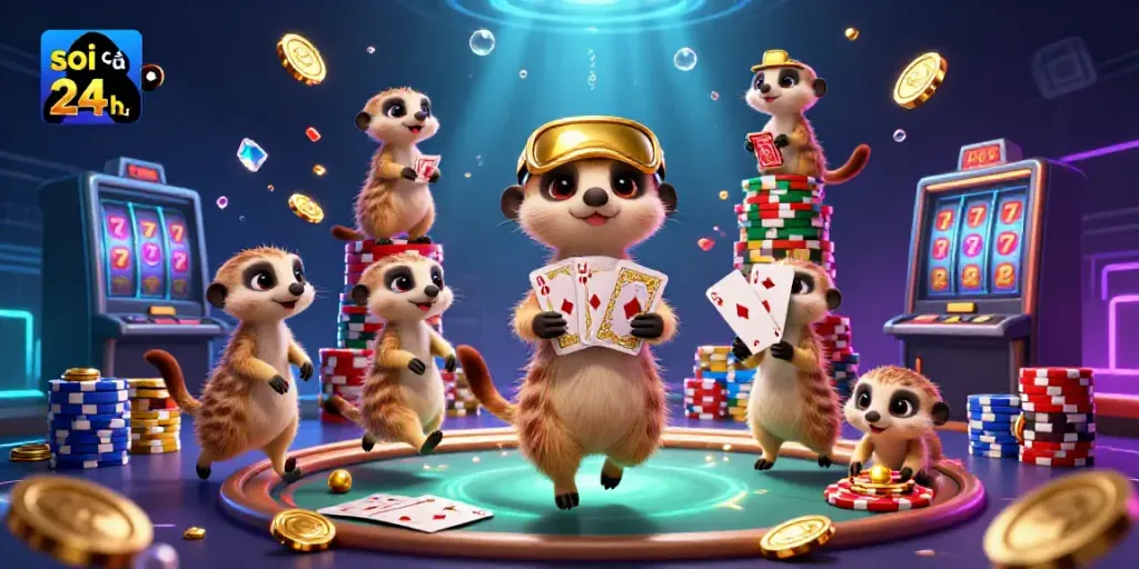 Enjoy the vibrant energy of soi cầu 24h with lively meerkats in a dynamic casino scene.