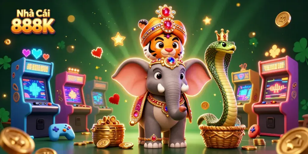 Engage with Nhà Cái 888K in an ultra-detailed 3D casino scene showcasing vibrant gaming elements.