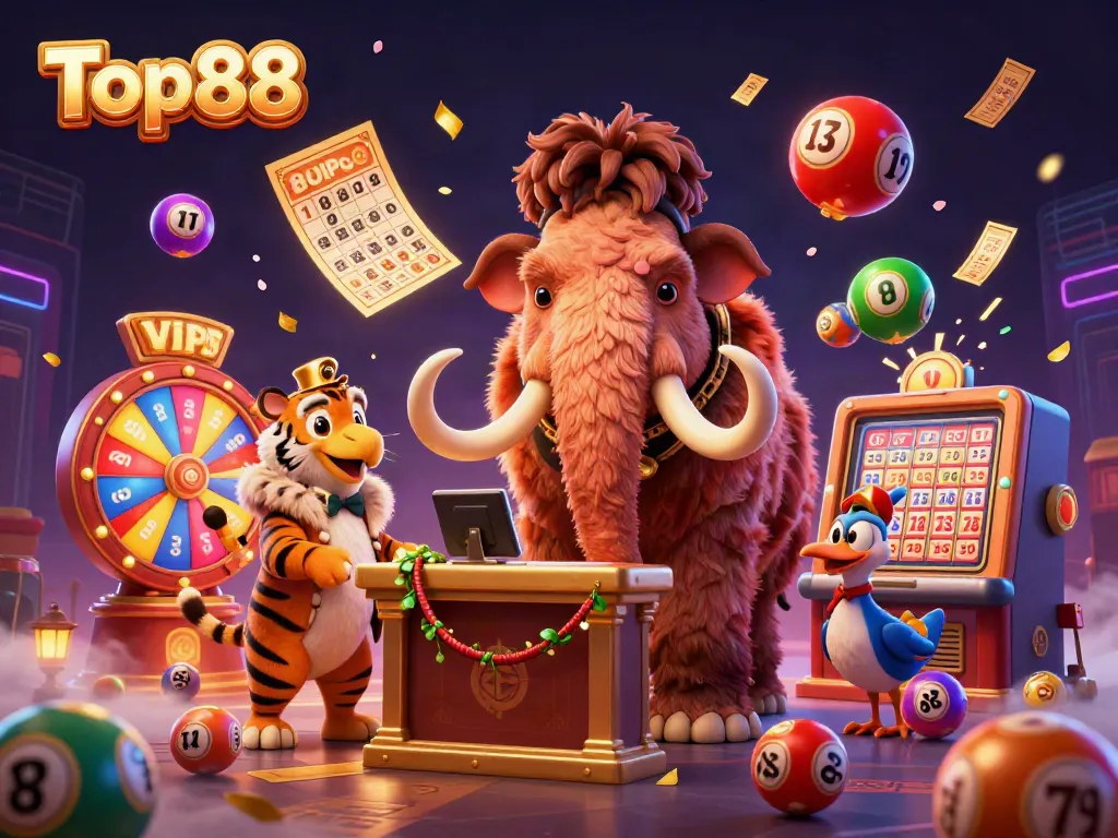 Experience the excitement at Top88 with vibrant lottery balls and colorful casino characters