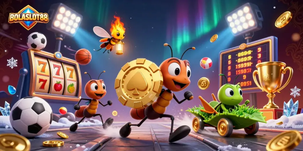 BOLASLOT88 showcases ants carrying a giant poker chip in a vibrant casino-themed illustration.