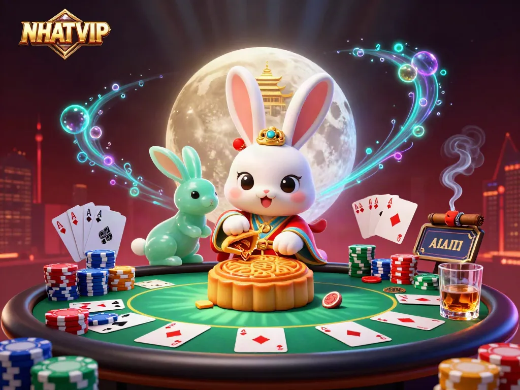 Experience winning action at NHATVIP with the moon rabbit and poker highlights in a vibrant scene.