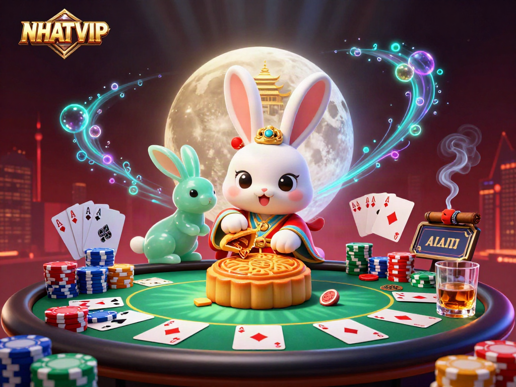 Experience winning action at NHATVIP with the moon rabbit and poker highlights in a vibrant scene.