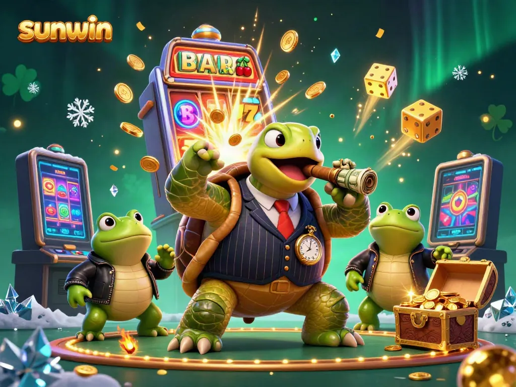 Experience thrilling wins at Sunwin with vibrant visuals of a 3D cartoon casino scene featuring fun characters and exciting games.