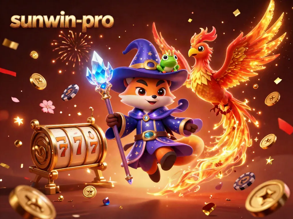 Experience sunwin-pro's dynamic gambling adventure with a magical fox and phoenix in a vibrant casino scene.