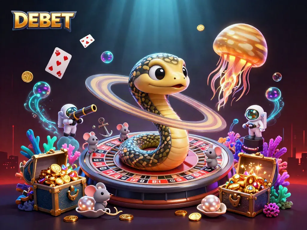 DEBET betting with a cosmic theme, featuring a Saturn snake carrying bets while mice engage in gaming.