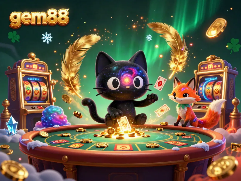 Experience the gem88 casino thrill with a cosmic black hole cat, slot reels, and vibrant colors.