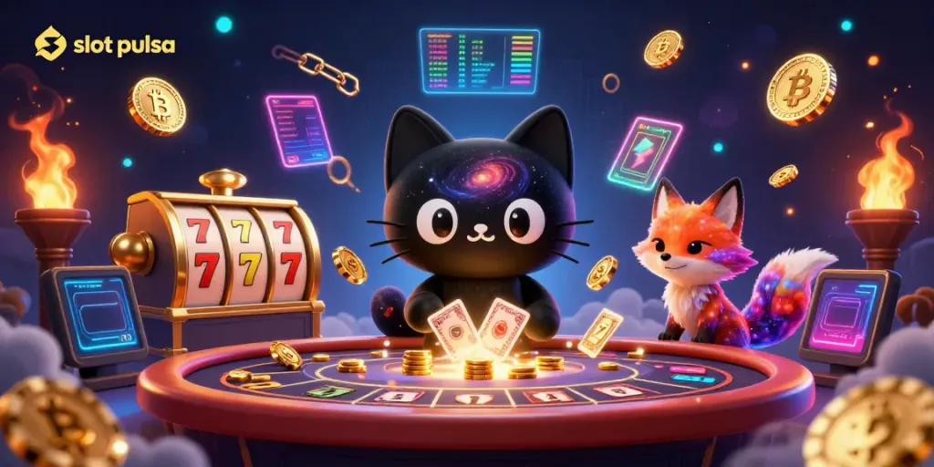 Engage in thrilling slot pulsa experiences with a cosmic cat and nebula fox in an extravagant casino.