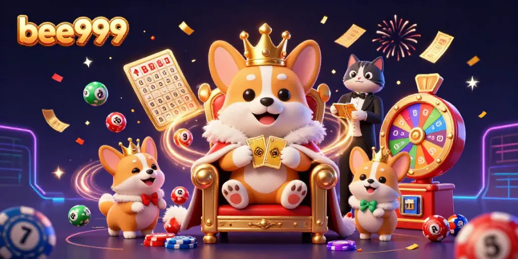 Engaging bee999 3D cartoon scene with corgi king, cat butler, and vibrant gaming elements.
