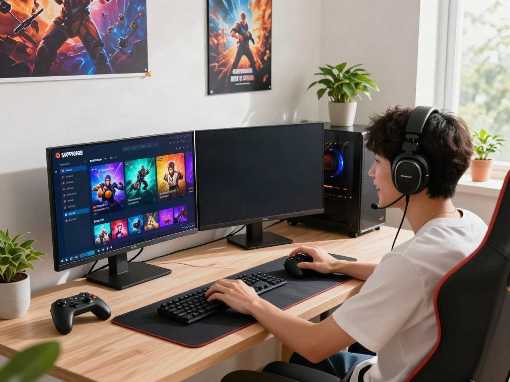 Engaged gamer using SAPPORO88's online platform with vibrant decor and modern equipment