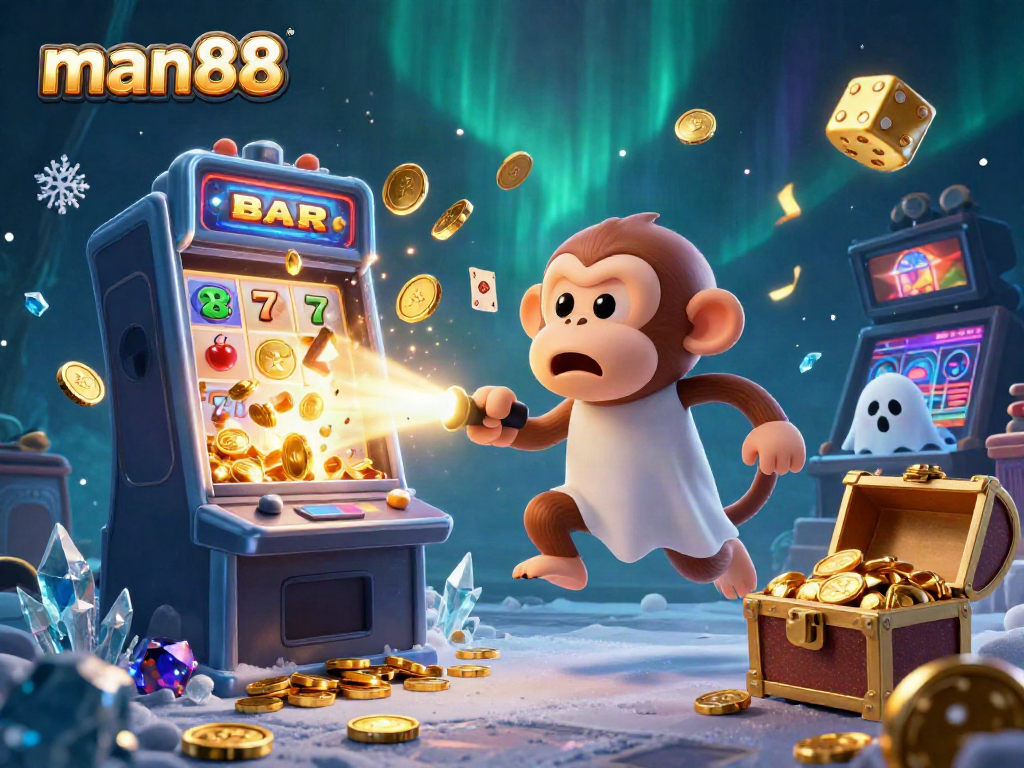 Experience the excitement at man88 with a mischievous ghost juggler and curious puppy tracking golden treasures in a vibrant casino.