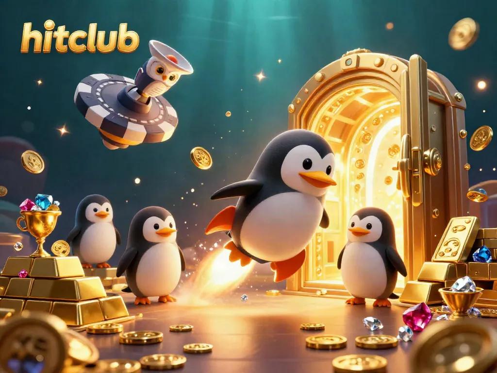 Experience the thrill of hitclub with a golden penguin soaring towards a poker chip casino amidst treasure and jewels.
