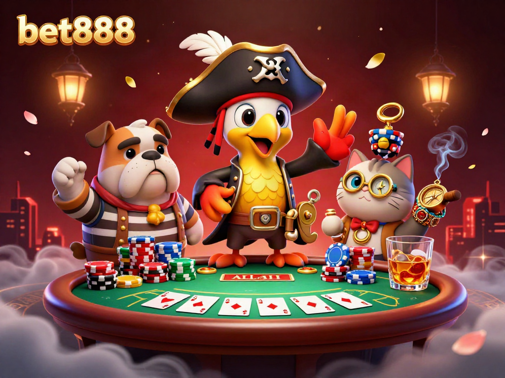 Engaging 3D pirate-themed illustration highlighting bet888 with vibrant casino elements and cartoon characters.