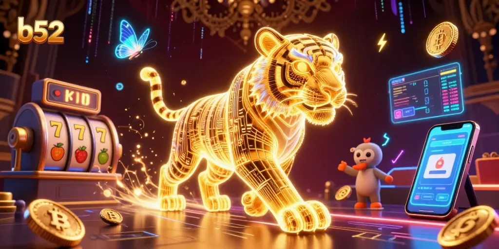 Engage with thrilling b52 casino adventures amid vibrant digital landscapes and crypto elements.