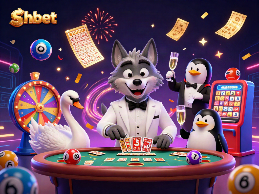 Experience the excitement at the shbet baccarat table with our charismatic characters amidst a vibrant lottery scene.