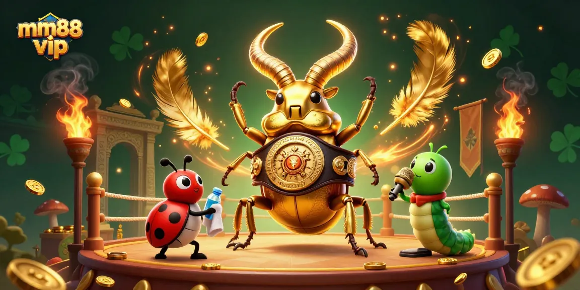 Bring luck with mm88 vip in a vibrant 3D casino illustration showcasing a fierce beetle champion.