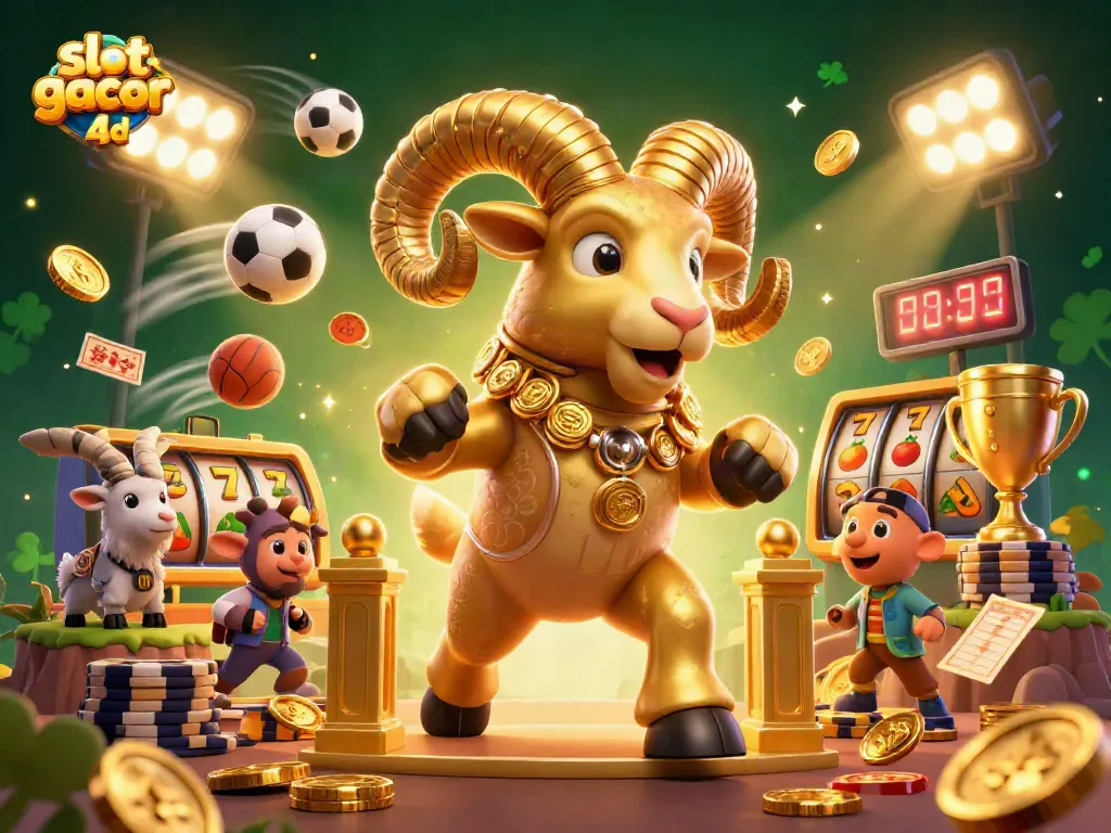 Slot gacor 4d menampilkan ram emas besar yang menyerang gerbang ke jackpot berwarna-warni.