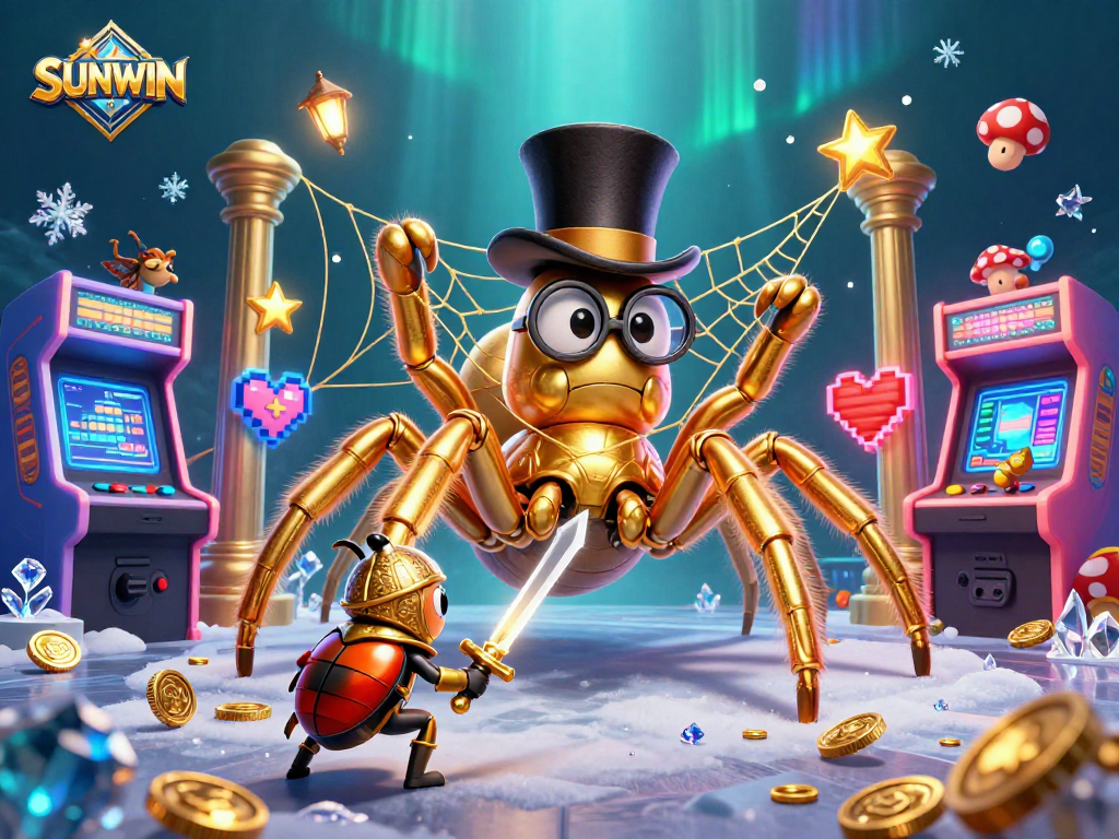 Experience gaming excitement at SUNWIN with a golden tarantula and beetle knight in a vibrant casino