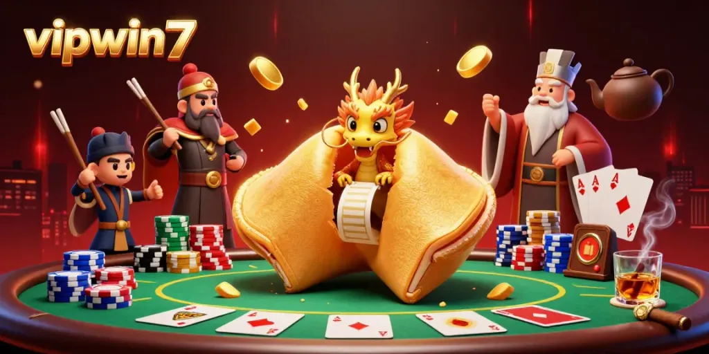 Engage with vipwin7's vibrant casino scene featuring a wise dragon and golden fortune elements.