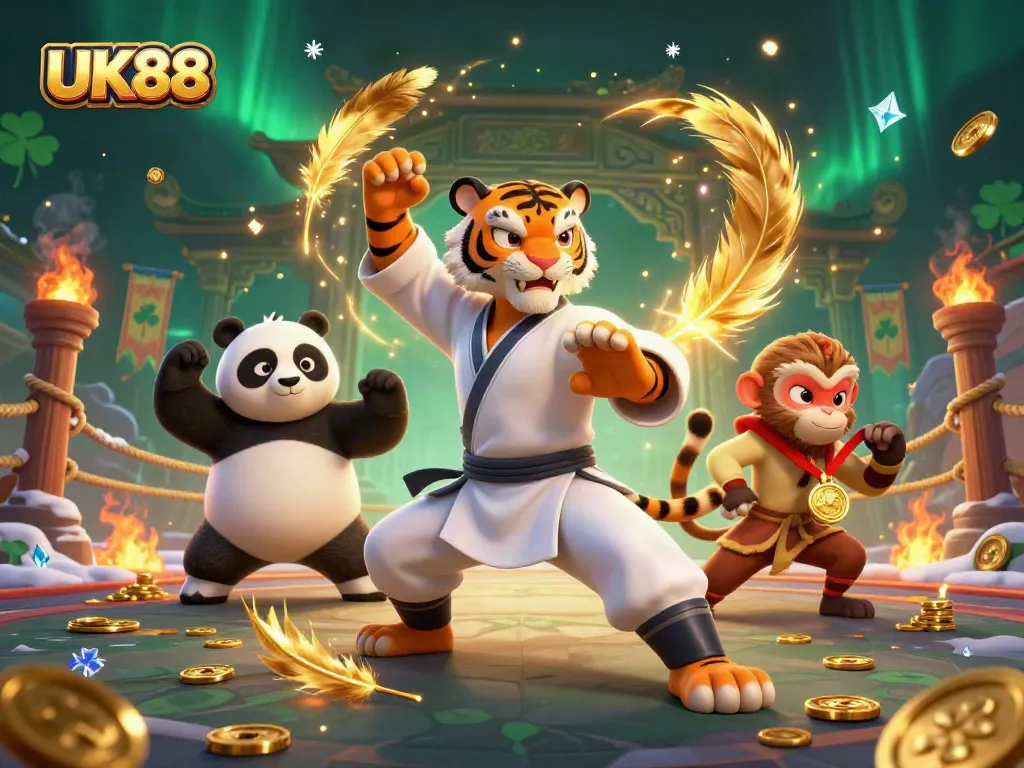 Engage in thrilling gameplay with UK88 at the dynamic 3D illustration of a kung fu casino scene.