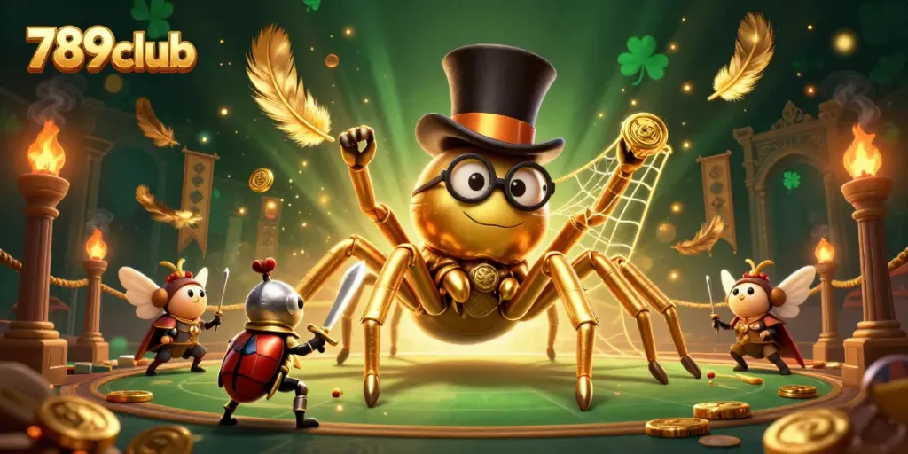 Engage with the thrilling 789club casino adventure featuring a giant spider weaving gold amidst a vibrant scene.