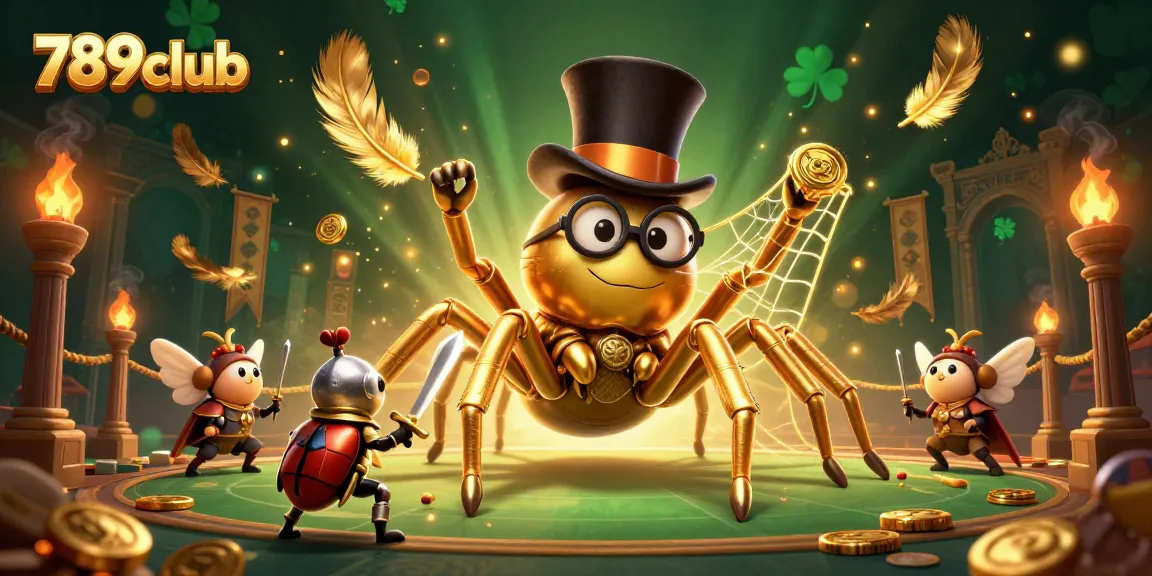 Engage with the thrilling 789club casino adventure featuring a giant spider weaving gold amidst a vibrant scene.