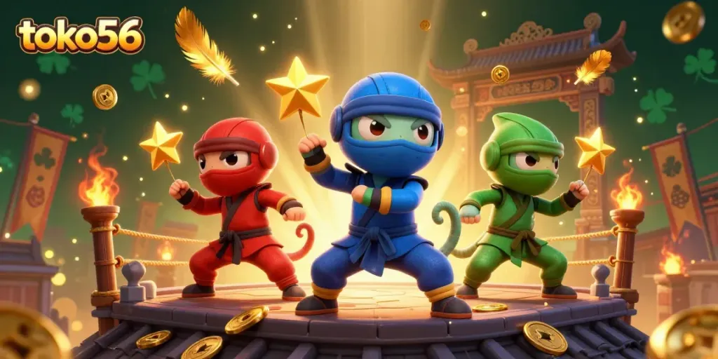 Engage in thrilling gameplay with toko56's vibrant 3D scene featuring ninja chameleons and golden casino elements.