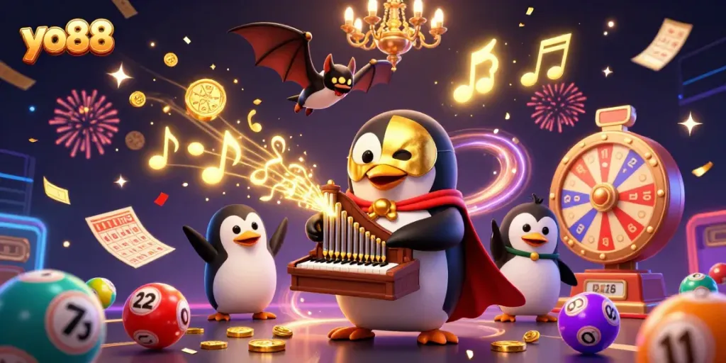 Engage with yo88's thrilling action as the phantom penguin plays amidst colorful lottery elements.