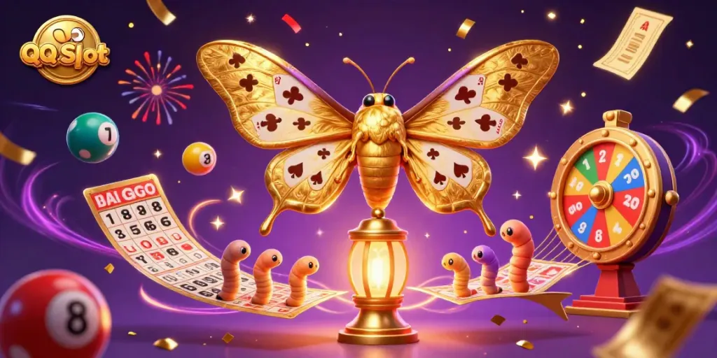 Experience the excitement of QQ Slot with a vibrant casino illustration featuring a moth and dynamic gaming elements.