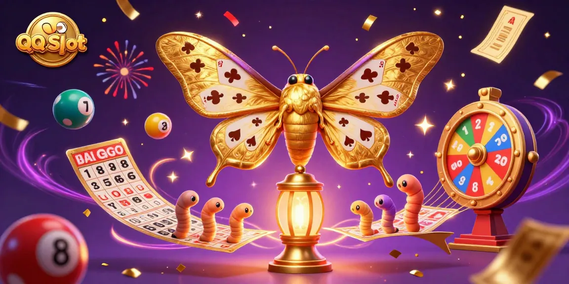 Experience the excitement of QQ Slot with a vibrant casino illustration featuring a moth and dynamic gaming elements.