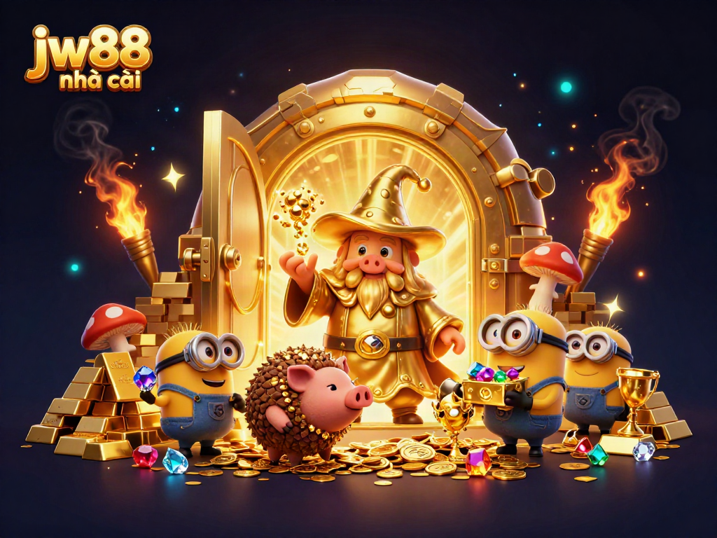 Experience thrilling gameplay at jw88 nhà cái with a vibrant 3D scene of a golden wizard surrounded by treasures.