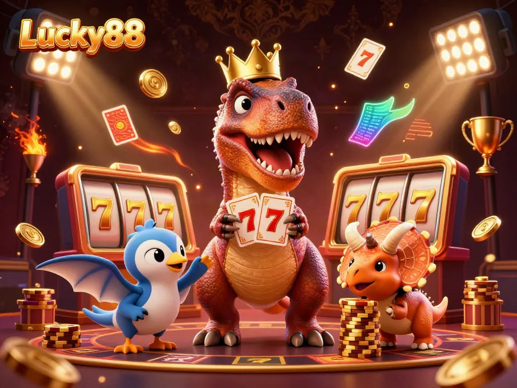 Engage with Lucky88's thrilling gaming experience featuring colorful slot reels and playful dinosaur characters.