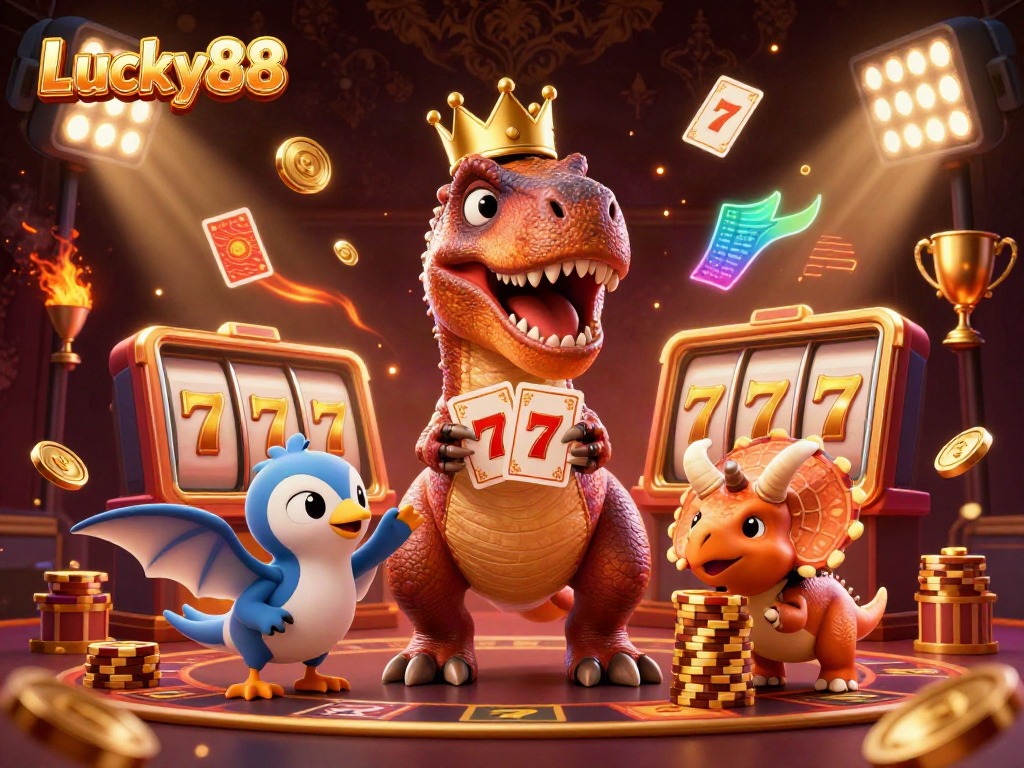 Engage with Lucky88's thrilling gaming experience featuring colorful slot reels and playful dinosaur characters.