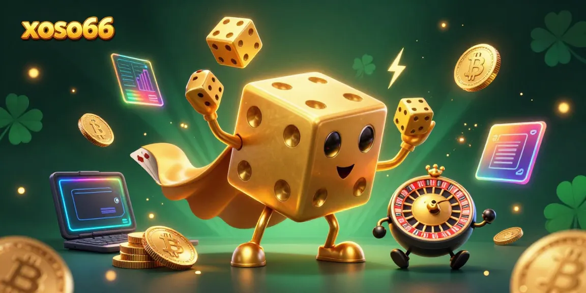 Experience thrilling action with xoso66 in this vibrant 3D casino scene featuring gold dice and digital currencies.