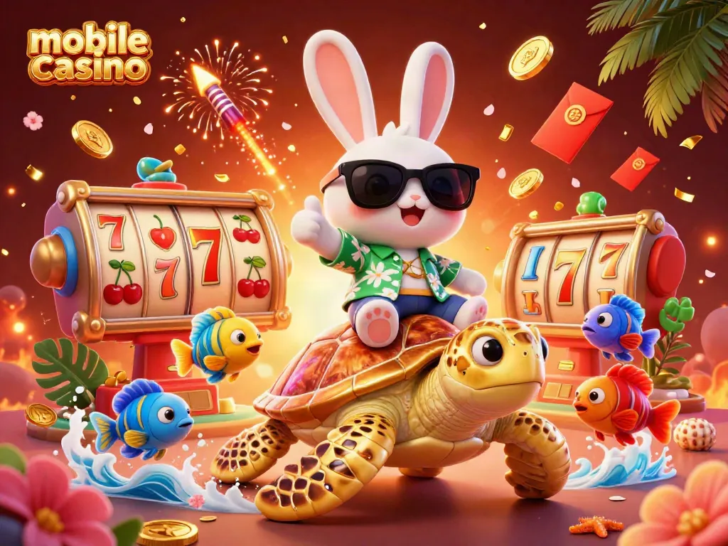 Engage in the mobile casino experience with a lucky rabbit and sea turtle surrounded by vibrant casino elements.