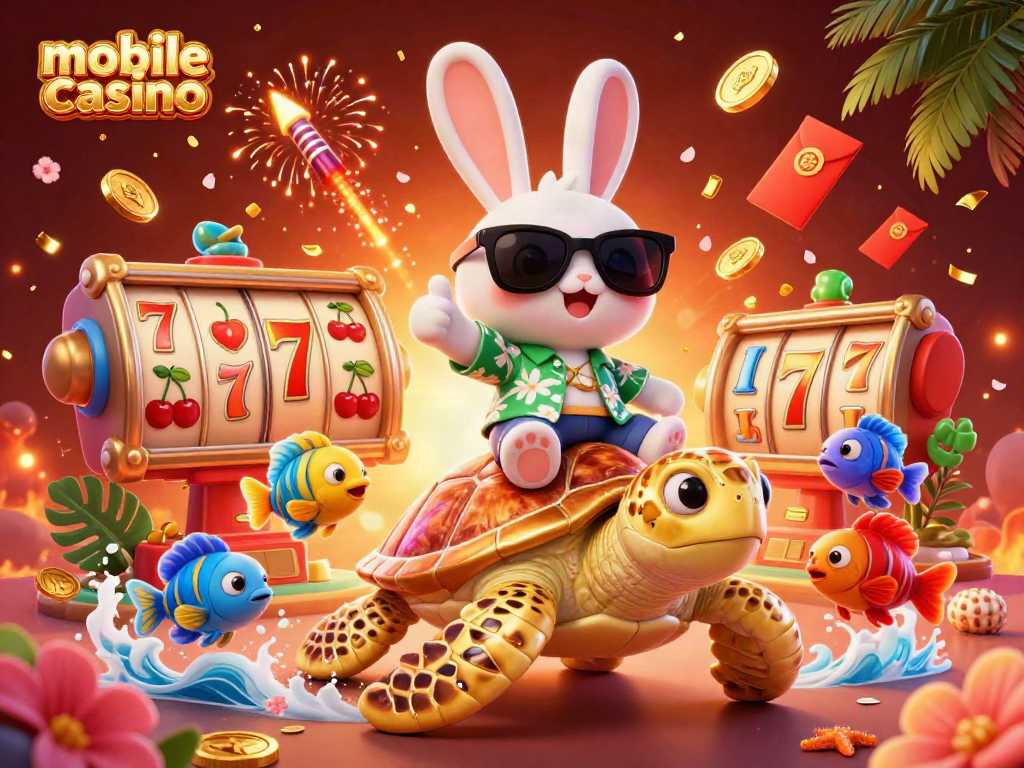 Engage in the mobile casino experience with a lucky rabbit and sea turtle surrounded by vibrant casino elements.