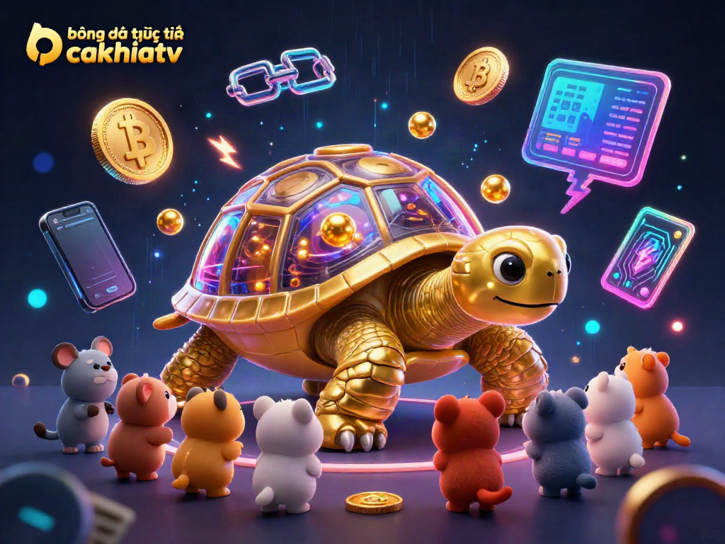 Experience bóng đá trực tuyến cakhiatv with a dynamic 3D illustration of a tortoise pinball machine surrounded by vibrant crypto elements.